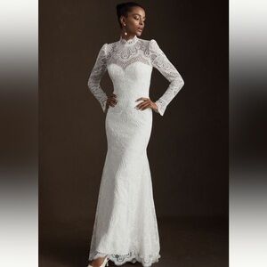 Anthropologie Willowby Orianna Gown Size 14 High Neck Open Back Ivory Lace NWOT